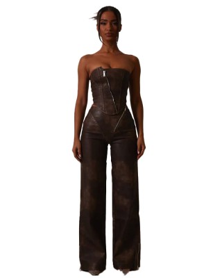 Brown Leather Cat Style Jumpsuit