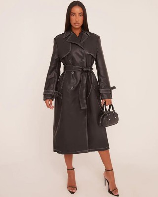 Long Black Stitched Leather Jacket